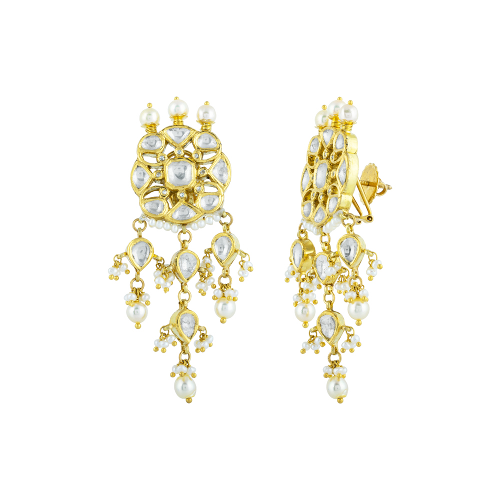 Intricate Gold Polki Earring with Cascading Pearl